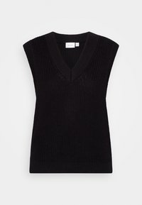 Svart stickad ärmlös topp med V-ringning och texturerat mönster, med en avslappnad passform och ribbad kant vid halsringning och fåll.