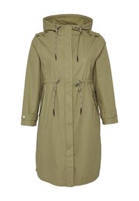 Olivegroene parka-jack met een capuchon, aansnoerbare taille en drukknoopmanchetten. Bevat twee zijzakken en is gemaakt van een gladde, lichte stof.