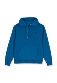 Blauwe hoodie van zachte stof, met een voorkant-kangoeroezak, een trekkoordkap en ribgebreide manchetten en onderkant. Eenvoudig logo detail op de borst.