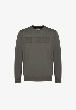 Grauer Pullover mit Rundhalsausschnitt, gerippten Bündchen und Saum. Mit einem strukturierten "GABBIANO"-Logo auf der Brust. Glatte Stoffoberfläche.