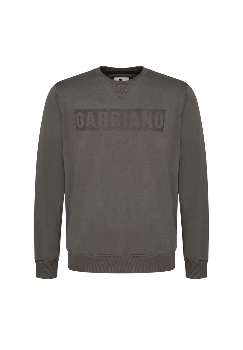 Grijze sweatshirt met een ronde hals, ribbelboorden en een geribbelde tailleband. Heeft een textuur "GABBIANO" logo op de borst. Soepele stoftextuur.
