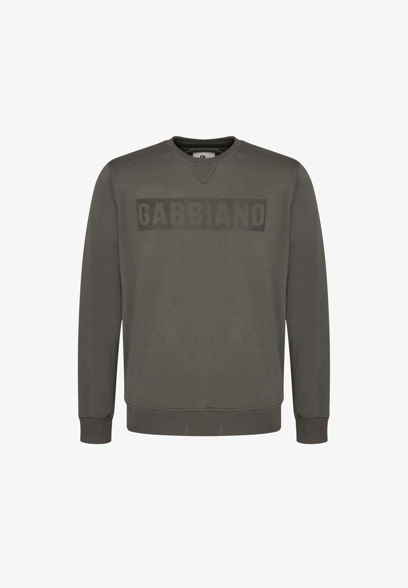 Pelēks džemperis ar apaļu kakla izgriezumu, ribotām aprocēm un jostiņu. Uz krūtīm ir teksturēts "GABBIANO" logo. Gluda auduma tekstūra.