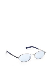 Oválné sluneční brýle s modrými skly, metalovým rámem a tmavě modrými plastovými stranicemi. Vyznačují se štíhlými stranicemi se stříbrnými detaily.