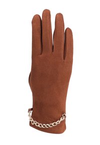 Guanto in suede marrone con cinque dita, con un accento di catena dorata attaccato all'area del polso. Texture liscia e vestibilità su misura.