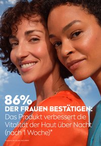 Zwei Frauen, die nah beieinander lächeln, eine mit lockigem braunem Haar, die ein oranges Oberteil trägt, die andere mit lockigem schwarzem Haar in einem blauen Oberteil, vor einem blauen Himmel.