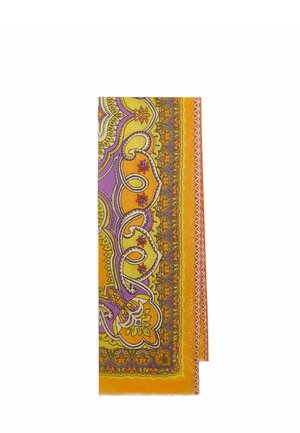 Écharpe rectangulaire avec motifs cachemire et floraux orange, jaune et violet, aux bordures complexes et éléments décoratifs courbés.