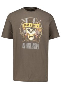 Brun bomulds T-shirt med et grafisk design af et kranium i en hat, krydsede pistoler og teksten "Guns N' Roses Use Your Illusion 91."