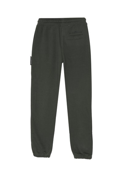 Pantaloni della tuta casual verde scuro con vita e polsini elasticizzati, tasca posteriore e una piccola etichetta laterale.
