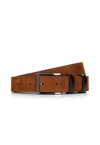 Brown suede belt with a rectangular silver metal buckle, featuring two dark leather accents and multiple adjustment holes. Smooth texture.