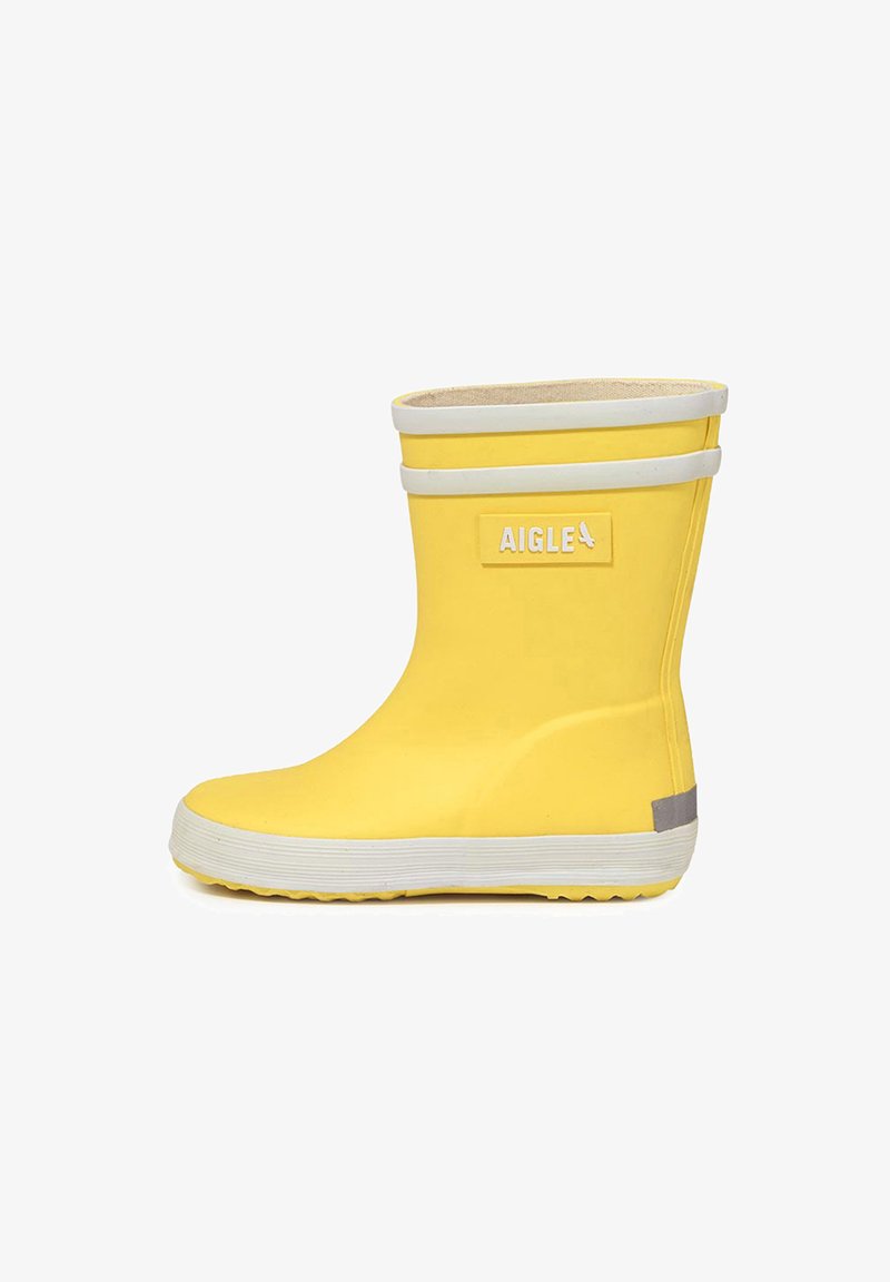 Yellow rubber rain boot with white accents, featuring a textured sole, rounded toe, and a branded patch on the outer side.