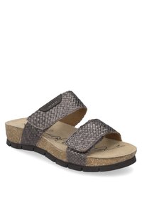 Geflochtener grauer synthetischer Rutschsandal mit zwei verstellbaren Riemen, Korkfußbett und rutschfester Gummisohle.
