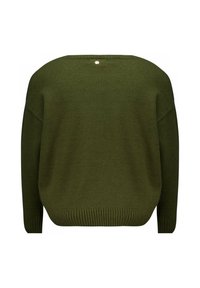 Groene gebreide trui, oversized ontwerp, geribbelde zoom en manchetten, met een kleine metalen accent aan de achterkant. Zachte textuur.