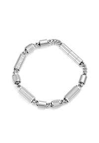 Bracciale in argento con link cilindrici testurizzati e lisci alternati, tra design a catena e tubolare. Accenti incisi "POLICE".