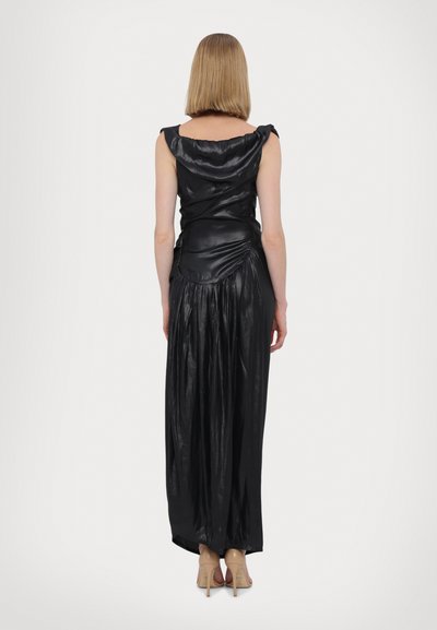 Black dress made of sleek, draped material; features a fitted bodice, flowing skirt, and off-shoulder neckline. Soft texture, minimalist design.