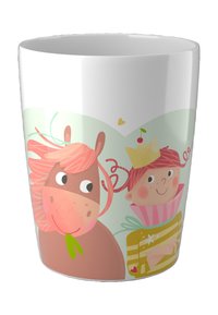 Ceramiczny kubek z rysunkowym koniem i dzieckiem. Jasnoróżowe, zielone i beżowe kolory z zabawnymi ilustracjami oraz błyszczącym wykończeniem.