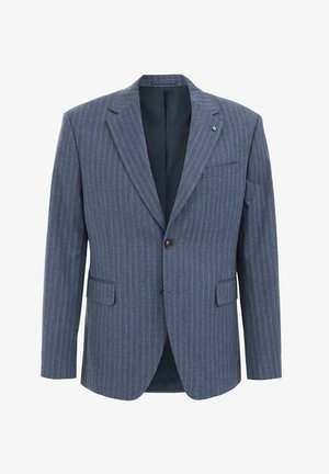 Blue striped blazer made of textured fabric, featuring a single button, two front pockets, and a smooth inner lining.