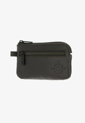 Small dark brown leather pouch with front zipper pocket and embossed compass design on a white background.