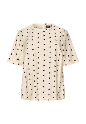 Krémová blúzka s krátkym rukávom s čiernymi bodkami, okrúhlym výstrihom a zapínaním na gombík so zarážkou vzadu.