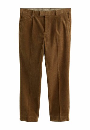Bruine corduroy broek met een gladde textuur, voorzien van een middelhoge taille, voorste plooien en zijzakken. Tailored fit met een strakke design.