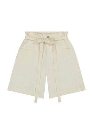 Pantalones cortos beige de talle alto con bolsillos delanteros, piernas anchas, cierre con botón y un cinturón de tela a juego atado en un lazo en la cintura.