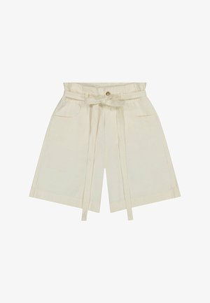 Pantalones cortos beige de talle alto con bolsillos delanteros, piernas anchas, cierre con botón y un cinturón de tela a juego atado en un lazo en la cintura.