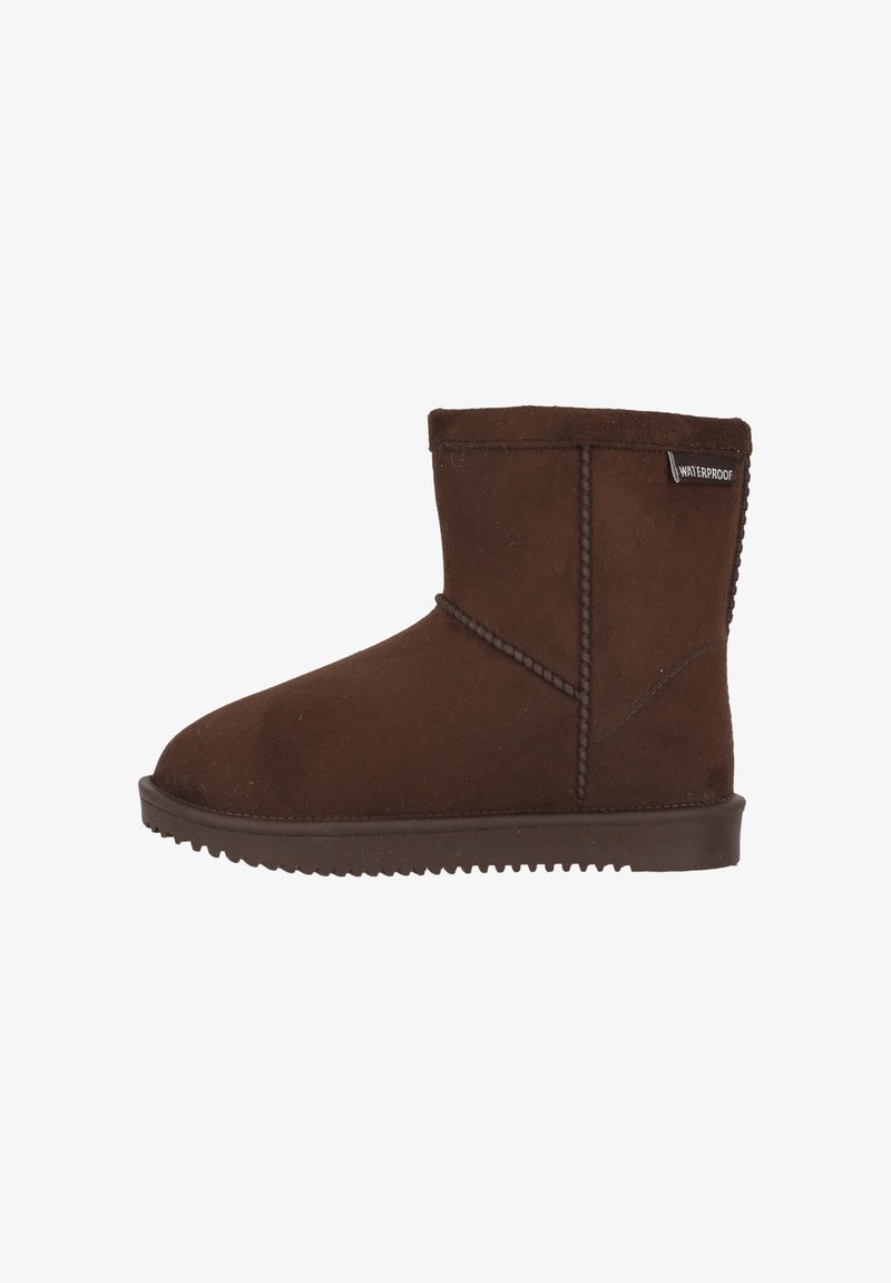 Brauner, wasserdichter Knöchelboot mit einer glatten Wildleder-Oberfläche, runder Zehenpartie und einer Gummisohle. Verfügt über dekorative Nähte entlang der Seiten.