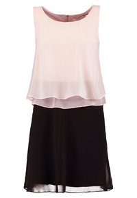Ärmlös klänning med ett ljusrosa överlager och svart kjol. Tillverkad av slät tyg, den har en lagerdesign och en bakzip-förslutning.