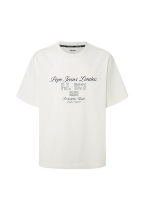 Biała bawełniana koszulka z niebieskim napisem: "Pepe Jeans London PJL 1973 CLUB Portobello Road Londyn, Anglia." Krótkie rękawy, okrągły dekolt.