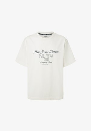 Biała bawełniana koszulka z niebieskim napisem: "Pepe Jeans London PJL 1973 CLUB Portobello Road Londyn, Anglia." Krótkie rękawy, okrągły dekolt.
