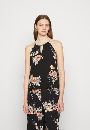 Camisola floral preta com decote em forma de olho-chave. Apresenta um tecido suave, alças halter e padrões florais em tons de rosa e bege.