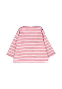 Maglietta a maniche lunghe in cotone, con righe orizzontali rosa e bianche, scollatura rotonda e bottoni a pressione sulla cucitura della spalla.
