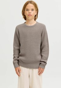 Grauer Strickpullover mit Rundhalsausschnitt, langen Ärmeln sowie gerippten Bündchen und Saum. Die Textur wirkt dick und gemütlich.