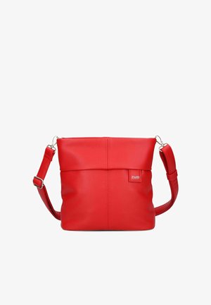 Red leather crossbody bag with adjustable strap and small logo patch on the front, minimalist design with subtle stitching details.