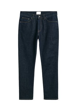 Jeans din denim albastru închis, cu croială dreaptă, având cinci buzunare, prindere cu nasture și cusături contrastante. Textură netedă cu un design clasic.