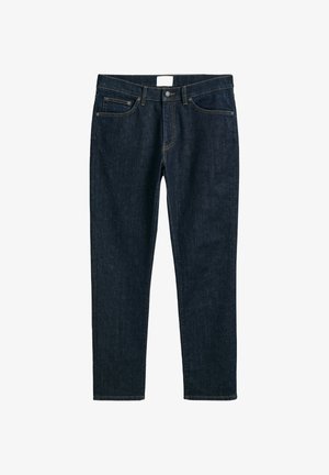 Dark blue denim jeans, straight fit, featuring five pockets, button closure, and contrast stitching. Smooth texture with a classic design.