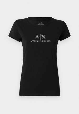 T-shirt nera in cotone con colletto rotondo e maniche corte, caratterizzata da un logo bianco "A|X ARMANI EXCHANGE" in un design metallico sul frontale.