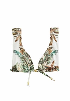 Biely bikínový top s tropickými listami a kvetinovými vzormi v zelenej, hnedej a béžovej farbe, s predným zaväzovaním s koncami zdobenými zlatými detailmi.