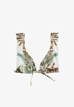 Hvid bikinitop med tropiske blade- og blomsterprint i grøn, brun og beige, med en bindefront med guldaccentede ender.
