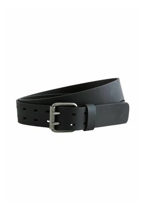 Black leather belt with a textured finish, featuring a silver-toned metal buckle and multiple adjustment holes for fit.