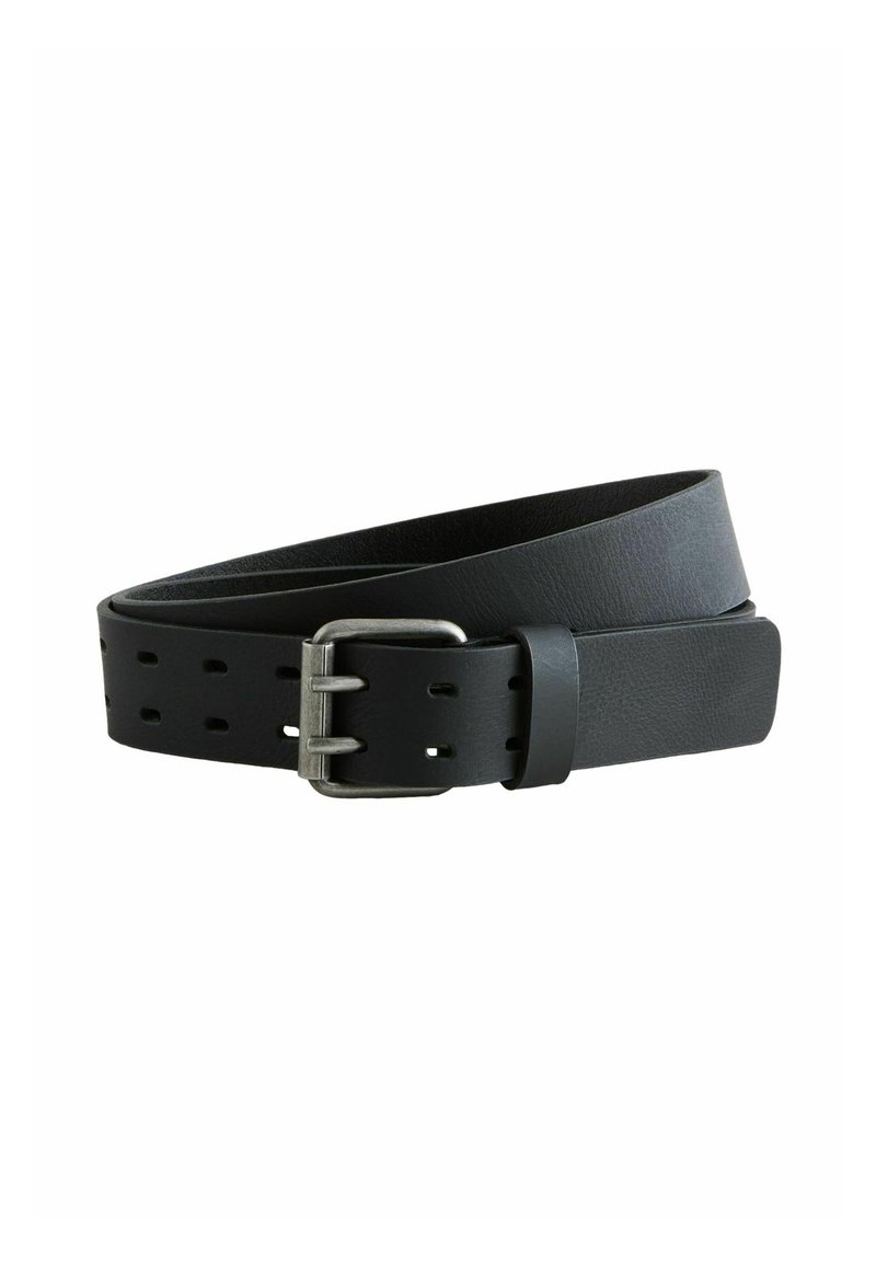 Ceinture en cuir noir avec une finition texturée, dotée d'une boucle en métal argenté et de plusieurs trous d'ajustement pour un meilleur ajustement.
