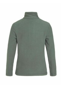 Fleece mikina v tlmenej zelenej farbe s vysokým golierom, dlhými rukávmi a mäkkou štruktúrou. Bezšvíkový chrbát, žiadne viditeľné kovanie ani vzory.