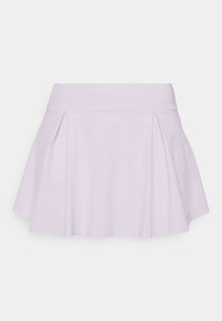 Falda plisada morada con un diseño acampanado, hecha de una tela suave. Presenta una cinturilla ancha y un sutil detalle en los pliegues.