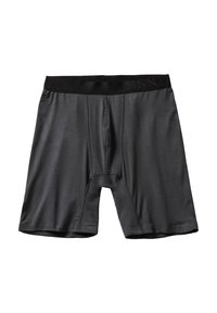 Gray boxer briefs made from smooth, stretchy fabric. Features a black waistband with embossed branding and a functional front fly design.