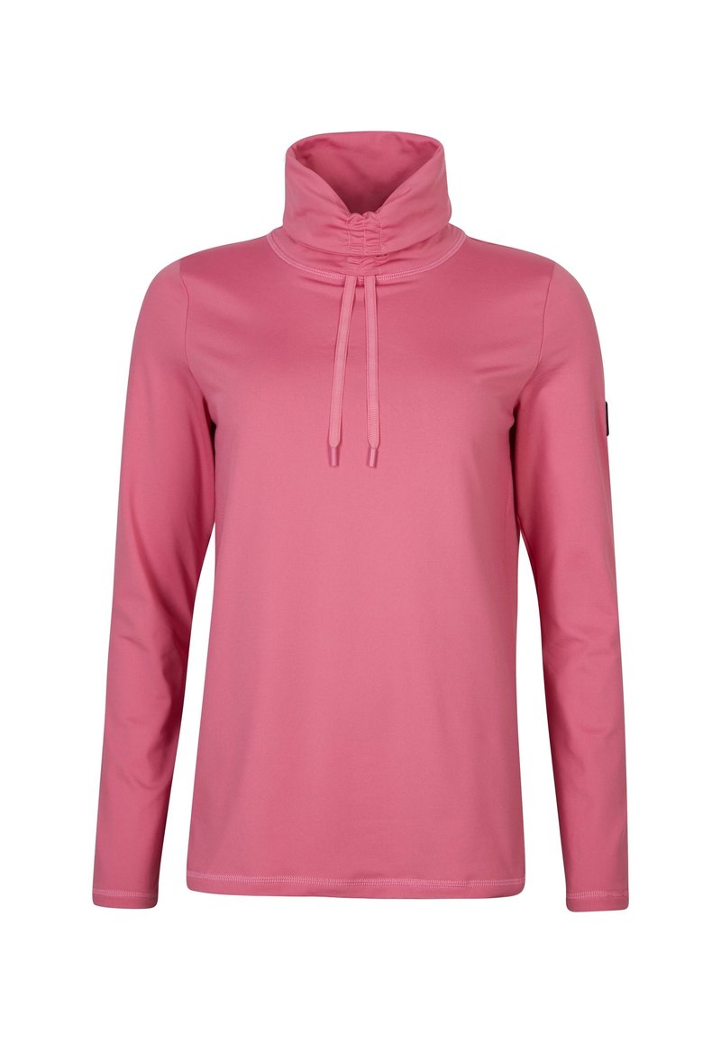 Top de manga larga rosa con cuello alto, cordones ajustables y textura suave. Presenta un diseño ajustado y detalles de costura sutiles.