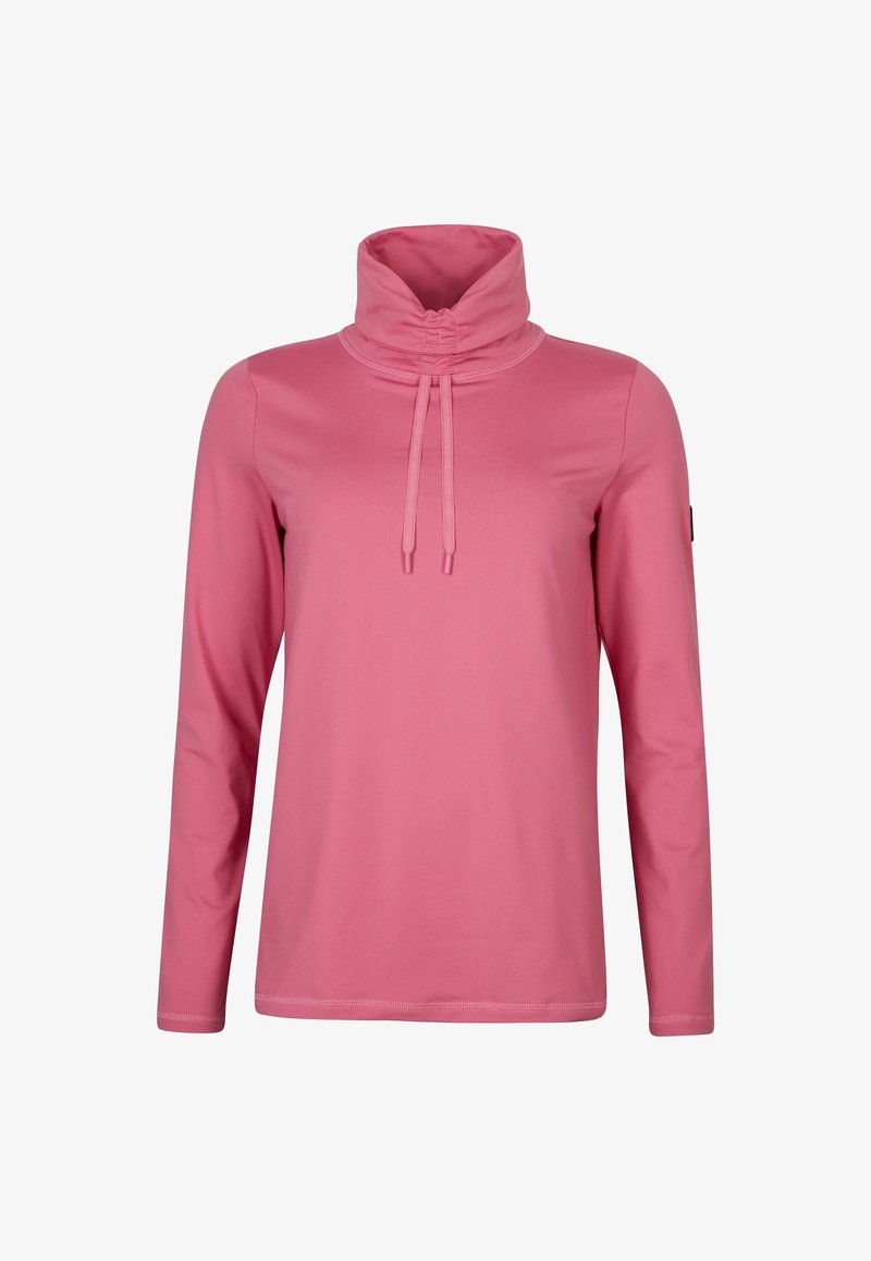 Top de manga larga rosa con cuello alto, cordones ajustables y textura suave. Presenta un diseño ajustado y detalles de costura sutiles.