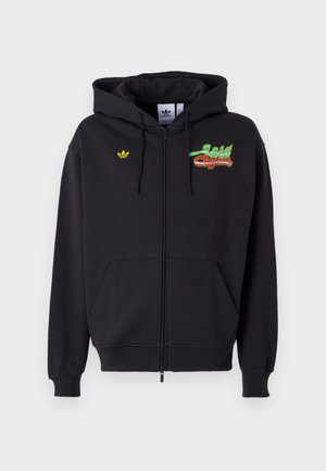 Black zip-up hoodie made of cotton. Features a hood, kangaroo pockets, and graphic logo with colorful text and small yellow emblem on chest.
