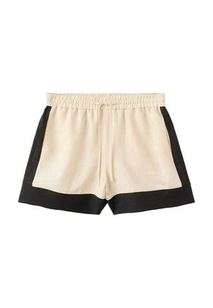 Pantalones cortos beige con paneles laterales y dobladillo negros, cintura elástica y cordón frontal, exhibidos sobre un fondo blanco.