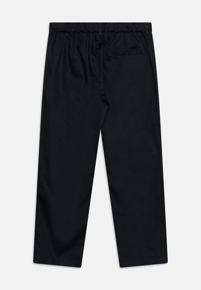 Marineblaue, locker sitzende Hose mit glatter Textur, elastischem Bund und einer hinteren Tasche. Schlichtes Design, keine sichtbaren Beschläge oder Akzente.