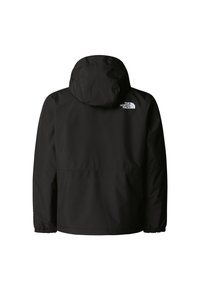 Crna vodootporna jakna s kapuljačom, izrađena od glatkog tkanja. Ima elastične manžete i bijeli logo The North Face na leđima.