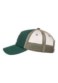 Cappello verde con visiera curva, caratterizzato da un frontale solido e posteriore in rete beige. Include occhielli in metallo e una piccola etichetta di branding sul lato.